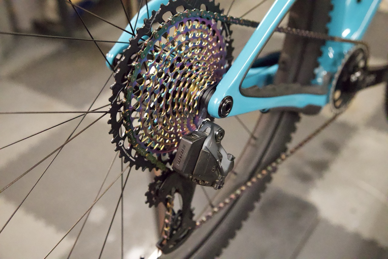 Close view of the assembled ARC rear wheel, cassette and XX1 derailleur